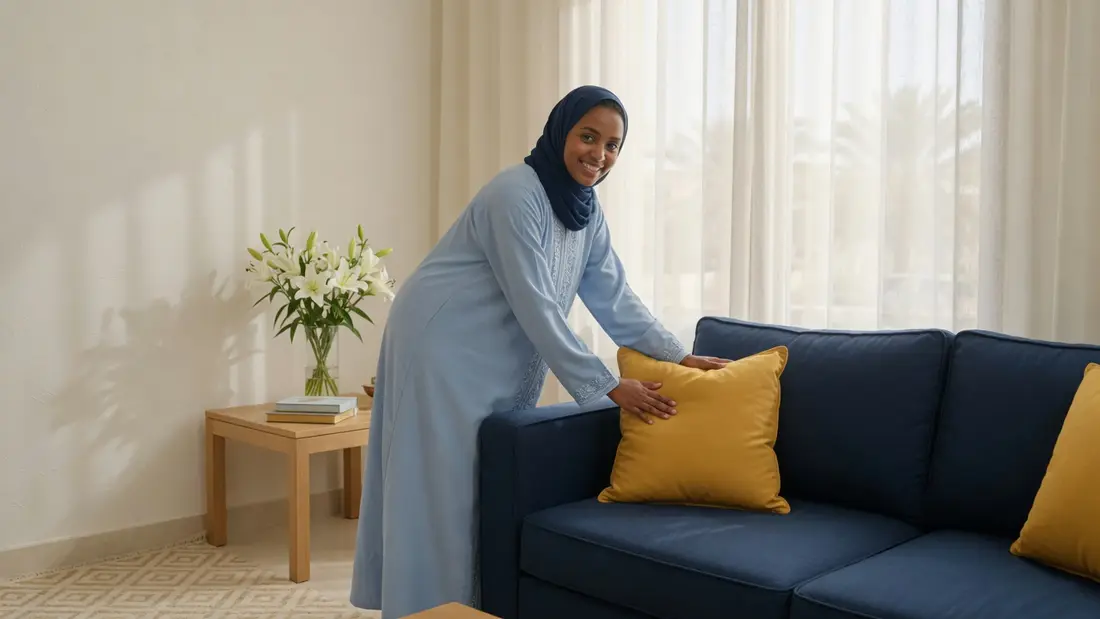 عاملة محجبة ترتب صالون المنزل
